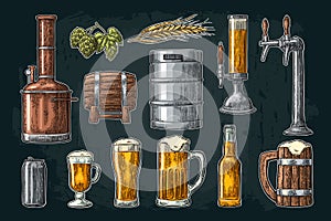 Beer set with tap, class, can, bottle and tanks from brewery factory.