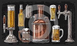 Beer set with tap, class, can, bottle and tanks from brewery factory.