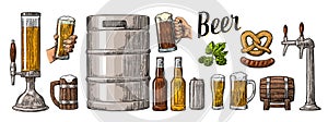 Beer set with two hands holding glasses mug and tap, can, keg, sausage, pretzel, bottle