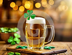 Beer with shamrock decoration, set on wooden bar, embodying festive spirit of St. Patrick\'s