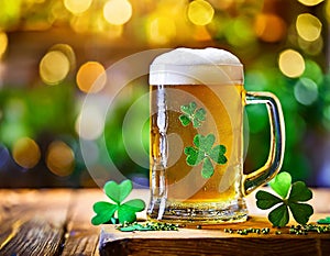 Beer with shamrock decoration, set on wooden bar, embodying festive spirit of St. Patrick\'s