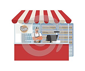 Beer shop, brewery, market, vector illustration. Supermarket, grocery store beer section. Retail shop small business.