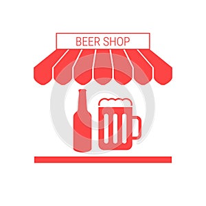 Beer Shop, Pub Single Flat Vector Icon. Striped Awning and Signboard