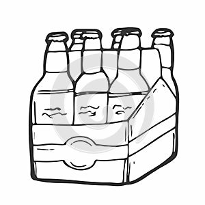 Beer six pack in three boxes. Doodle style. Vector sketch of beer
