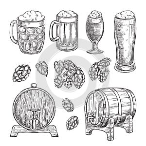 Beer sketch vector illustration. Glasses, mugs, hops, barrel hand drawn isolated elements for pub and bar design