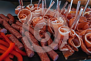 Beer Snack Mix with Dried Salted Seafood Top View and Flat Lay on Stone Table. Wine Snacks Buffet such as Spicy Squid, Mussels,