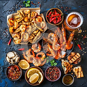 Beer Snack Mix with Dried Salted Seafood, Wine Snacks Buffet, Spicy Squid, Mussels, Fish Fillet