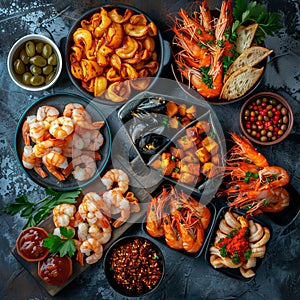 Beer Snack Mix with Dried Salted Seafood, Wine Snacks Buffet, Spicy Squid, Mussels, Fish Fillet