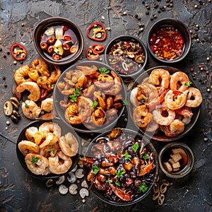 Beer Snack Mix with Dried Salted Seafood, Wine Snacks Buffet, Spicy Squid, Mussels, Fish Fillet