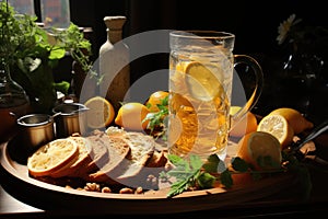 Beer snacks, a beer mug and a plate with lemon an