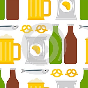 Beer and snacks pattern seamless. Fish and chips and a mug of beer background. pub sign texture