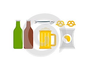 Beer and snacks set icon. Fish and chips and a mug of beer symbol. pub sign