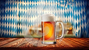 Beer stands in front of a Bavarian backdrop