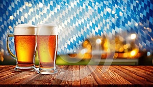 Beer stands in front of a Bavarian backdrop