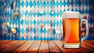 Beer stands in front of a Bavarian backdrop