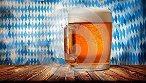 Beer stands in front of a Bavarian backdrop