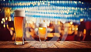 Beer stands in front of a Bavarian backdrop