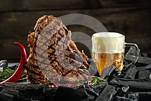 beer steak, Grilled steak and mug of beer. banner, menu, recipe place for text