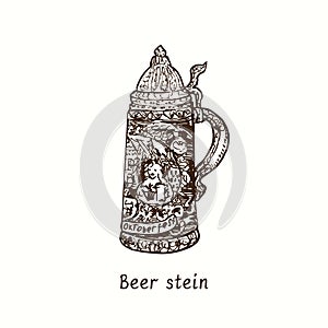 Beer stein. Ink black and white doodle drawing