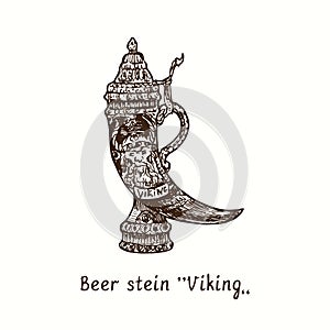 Beer stein `Viking`. Ink black and white doodle drawing