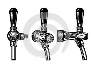 Beer tap front, side and three quarter view. Hnd drawn vector illustration isolated on white background