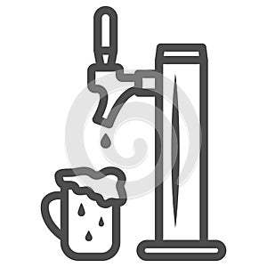 Beer tap with full mug with foam line icon, Oktoberfest concept, pub equipment sign on white background, beer pump for