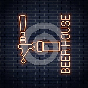 Beer tap logo neon sign. Beer house neon icon on wall background