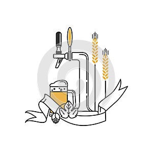 Beer tap, mug, hops, wheat and ribbon.