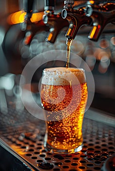 Beer tap pouring draught lager beer in glass in restaurant or pub