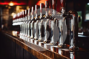 Beer Taps in Pub, Craft Beer Shop, Steel Shiny Taps, Generative AI Illustration