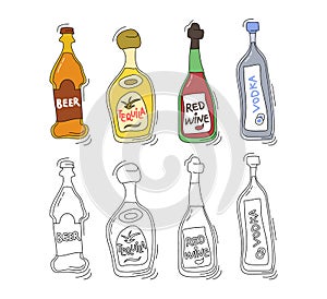 Beer, tequila, red wine, vodka bottle on white background. Two kinds beverage. Cartoon sketch. Doodle style with black contour