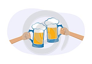 Beer toast icon. Cheers symbol with hands holding and clinking of beer mugs. Alcohol drink, bar or pub design element