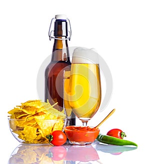 Beer and Tortilla-Chips on White Background
