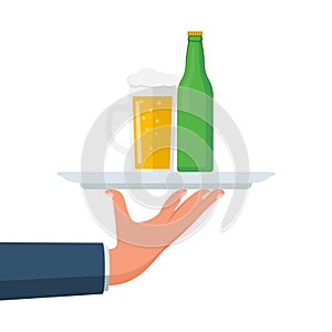 Beer on a tray. Glass of beer men holding in hand. Vector flat