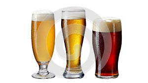 Beer variety, Three beers in different glasses isolated on white background Clipping path