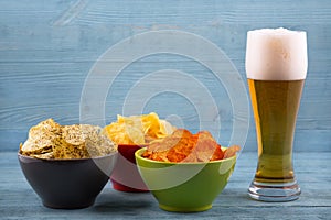 Beer and various types of chips