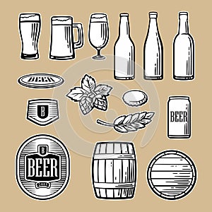 Beer vector flat icons set bottle, glass, barrel, pint