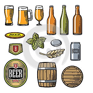 Beer vector flat icons set bottle, glass, barrel, pint