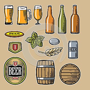 Beer vector flat icons set bottle, glass, barrel, pint