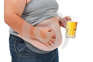 Beer, weight gain and plus size stomach in a studio with alcohol problem with gut health issue. Heavy, overweight and