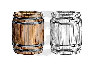 Beer or wine barrels ioslated on white background, engraving style color and black and white vector illustration