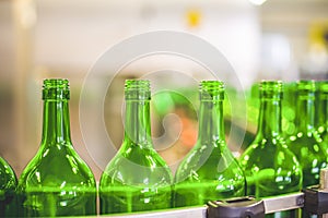 Beer or wine bottles on the conveyor belt. Bottling alkoholic drink. Bottles filled with wine by an industrial machine in a winery