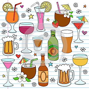 Beer Wine and Mixed Drinks Doodle Design Elements