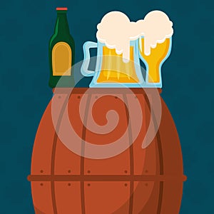 Beer wooden barrel with bottles and jars