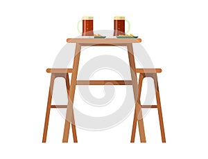 Beerhouse furniture vector brewery dining furnishing table and chair with beer mug in bar or pub on beery party with photo