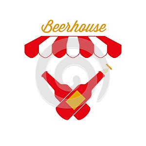 Beerhouse Pub Sign, Emblem. Red and White Striped Awning Tent. Vector Illustration