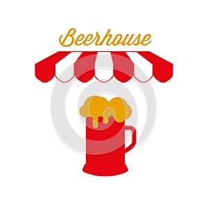 Beerhouse Pub Sign, Emblem. Red and White Striped Awning Tent. Vector Illustration