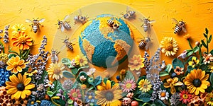 Bees around a floral globe, symbolizing global biodiversity and the essential role of pollinators in our ecosystem. May 20, World