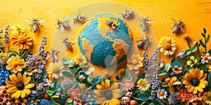 Bees around a floral globe, symbolizing global biodiversity and the essential role of pollinators in our ecosystem. May 20, World photo