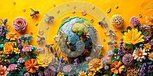 Bees around a floral globe, symbolizing global biodiversity and the essential role of pollinators in our ecosystem. May 20, World photo